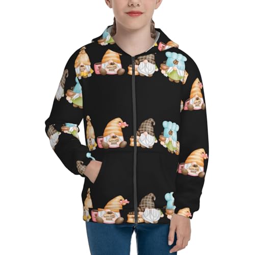 Coffee Lover Gnome Kids Pullover Hoodies Boys Zip Up Sweatshirts Girls Athletic Clothes with Pocket3