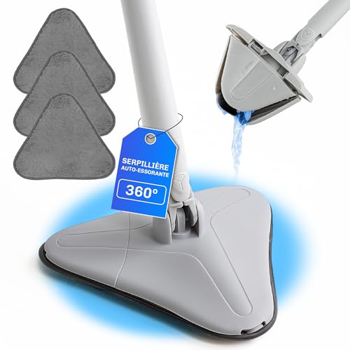 SHERNAX Balai Serpillère Triangulaire Auto-essorant avec 3 recharges, Balai pour Nettoyer Les Carreaux et Les Murs Balai Triangulaire pivotant à 360° avec 3...