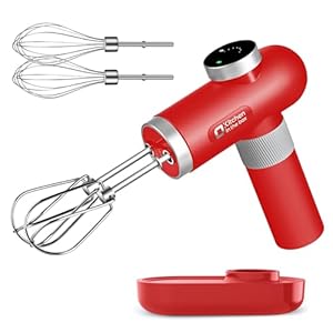 Cordless Hand Mixer, Kitchen in the box 6 Speed Dial Control Portable Electric Handheld Mixer with Beaters, Whisks, Charging Base and USB-C Charge Cable, Digital Display, for Butter, Cream (Red)