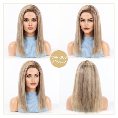 Image of KKU 100% Human Hair Wig, Lace Front Wigs Human Hair Side Part,Light Brown Mixed Blonde Wig Human Hair, Real Human Hair Wigs for Women(16Inch)