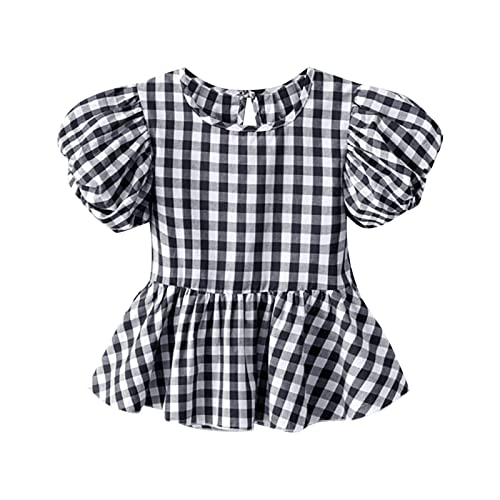 Baby Girls Summer Crewneck Puff Short Sleeve Plaid Blouse Shirt Toddler Kids Ruffle Peplum Smock Crop Tops Trendy Soft