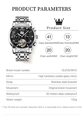 Image of OLEVS Automatic Watches for Men Luxury Mechanical Self Winding Watch Tourbillon Skeleton Watch Business Diamond Waterproof Men Watches Stainless Steel Calendar Wrist Watch Silver /Black /Blue /Gold Face