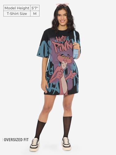 Image of The Souled Store Official Pink Panther: Hot Pink Women and Girls Short Sleeves Round Neck Black Graphic Printed Cotton Mini Oversized T-Shirt Dresses