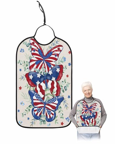 Onekaccu Watercolor Eucalyptus Adult Bibs for Elderly Women Men Washable Bibs for Eating, Blue Flowers Star Stripes Flag Waterproof Clothing Protectors Adult Bibs with Crumb Catcher