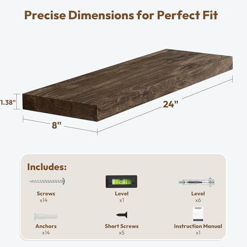 Image of Vivelove Elm Wood Floating Shelf 24x8 inch Set of 2, Dark Walnut