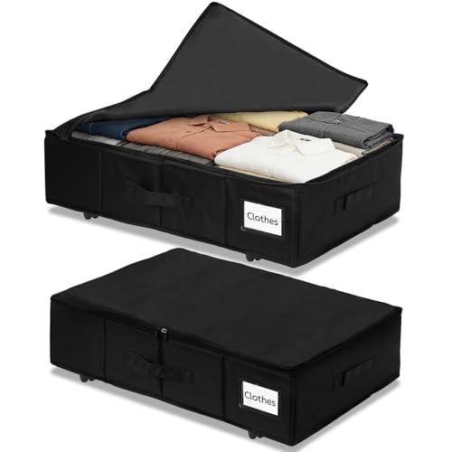 CareLoom 2 Piezas cajas almacenaje bajo cama, Desplazarse con Ruedas, Ruedas, Asas y Tapa, Organizador Canape Grandes Caja Bajo Cama Almacenamiento Ropa para Ropa, Zapatos y Libros