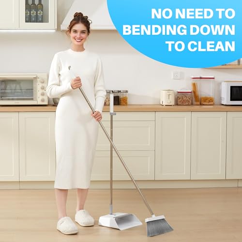 JOYMOOP White Broom and Dustpan Set, Upright Angle Design with Built-in Comb Teeth for Kitchen, Office, Pet Hair, Hard Floors - Image 3