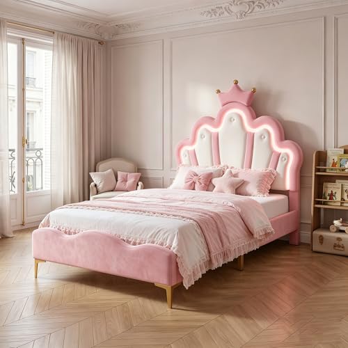 DULRLLY Lit Enfant Fille 90x200 cm, Lit Princesse avec Éclairage LED, Tête de Lits Réglable en Hauteur en Forme de Couronne, Lits 1 Place Rembourré pour...
