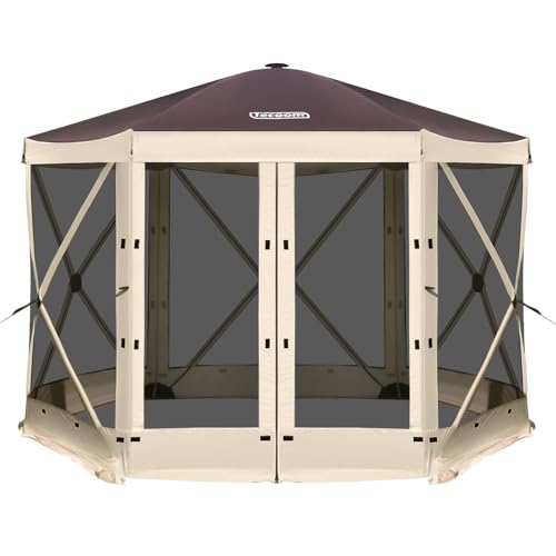 Tecoom 6-Sided Pop Up Gazebo Tent, Screen House with Mosquito Netting Canopy for Camping, 10x10ft Portable Sun Shelter Removable Siedwalls for Outdoor, Garden, Activities, Khaki