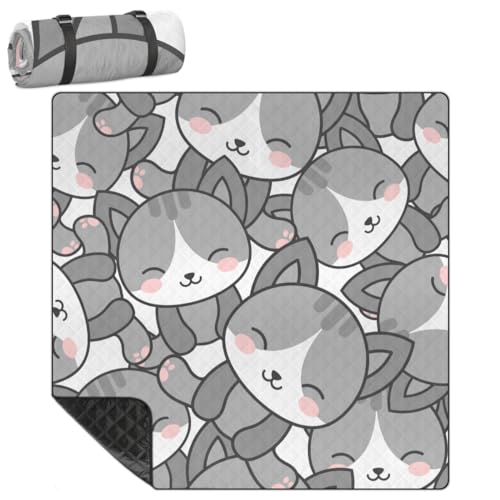 Shimoshe Extra Large Picnic Blankets 79”x 79”, Cute Cat Waterproof Foldable Picnic Mat with Straps Portable Beach Blanket for Camping Park Grass Beach Indoor