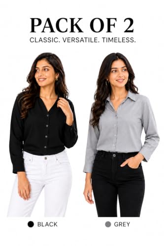 Image of FUNDAY FASHION Women Solid Regular Fit V Collered Casual Shirt (Pack of 2)