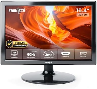 FRONTECH 15.4 Inch HD LED Monitor, Refresh Rate 60 Hz,1280 x 800 Pixels, Wall Mountable Slim Stylish Design with 16.7M Colors, HDMI & VGA Ports, Built-in Power Supply (MON-0068,Black)