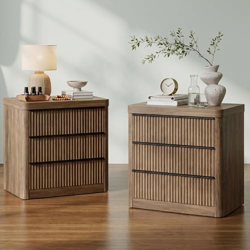 Image of FUSUNBAO Fluted Night Stand Set of 2 with Charging Station,3 Drawers Large End Table with Storage,Natural Nightstand Wood Bedside Tables,Farmhouse Cabinet Dresser for Bedroom,Sofa Table (Grey Alder)