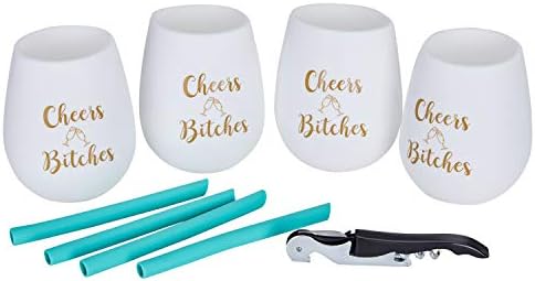 Pack of 9 Bachelorette Party Gift - Include 4 White Cheers Bitches Silicone Cups 1 Wine Opener and 4 Silicone Straws