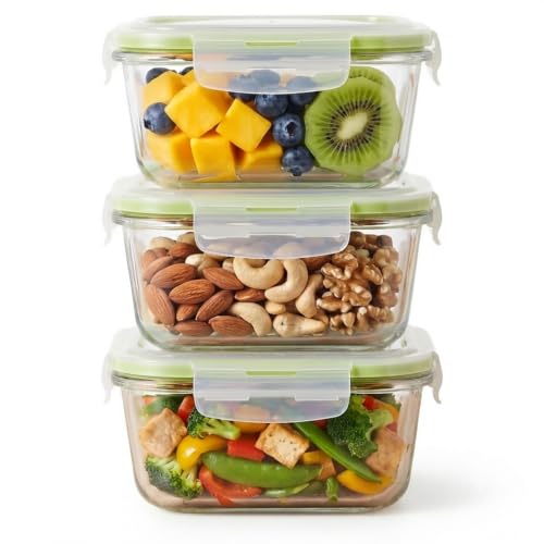 Image of Square Borosilicate Glass Containers with Lids, 800 ml Each, Set of 3 | 100% Food-Safe, Airtight & Leakproof | Microwave, Freezer & Dishwasher Safe for Lunch and Storage