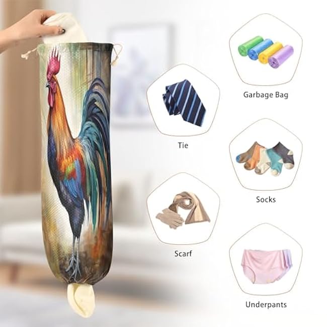 1 Pcs Retro Style Farmhouse Rooster Plastic Bag Holder Wall Mount Garbage Plastic Bag Organizer Kitchen Grocery Bag Storage Dispenser Home Decor