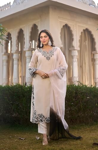 Image of GoSriKi Kurta Sets for Women Viscose Embroidered | Kurti Set for Woman | Straight Kurta Palazzo Dupatta Set | 3 Piece Set Women | Round Neck V-Slit Full Sleeve Stylish Ethnic Outfit Clothing