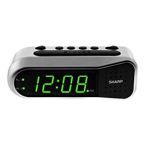 SHARP Digital Alarm Clock - Ascending Alarm Begins Faintly and Grows Increasing Louder, Gentle Wake Up Experience, Dual Alarm - Battery Back-up, Easy to Use with Simple Operation (Brushed Silver)
