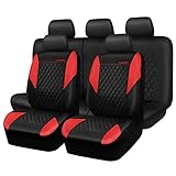CAR PASS Red Leather Seat Covers Full Set-Universal Quilting Pretty Girly Car Seat Cover with 5mm Composite Sponge Inside,Airbag Compatible, Waterproof Delux Fit for Most Sedan,SUV,Cars (Full Set,Red)
