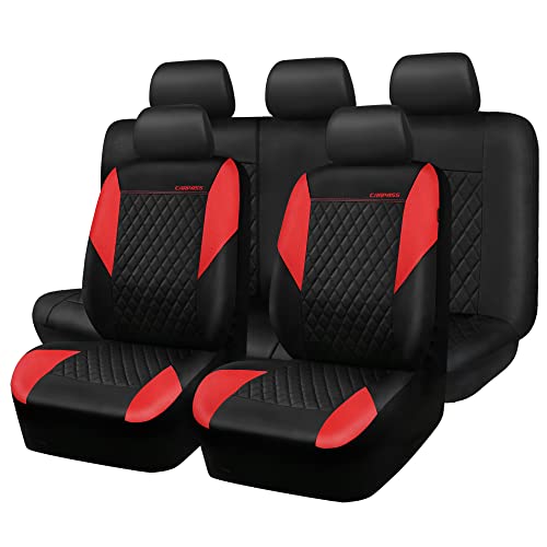 Image of CAR PASS Red Leather Seat Covers Full Set-Universal Quilting Pretty Girly Car Seat Cover with 5mm Composite Sponge Inside,Airbag Compatible, Waterproof Delux Fit for Most Sedan,SUV,Cars (Full Set,Red)