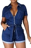 Glozeplus Jean Romper for Women Summer with Pockets Sexy Short Sleeve Denim Rompers and Jumpsuits Plus Size