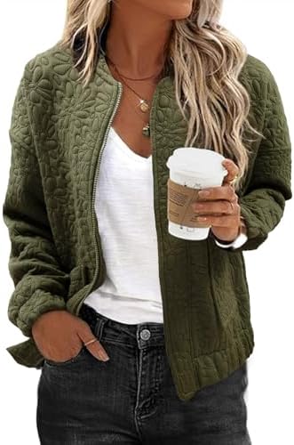EVALESS Spring Jacket for Women Dressy Casual Summer Clothes Trendy 2025 Vacation Outfits Cute Jacquard Bomber Jackets Long Sleeve Zip Up Cropped Green Jeacket Lightweight Coat with Pockets, Medium
