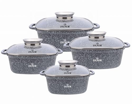 Zilner Lot de 8 Casseroles - Revêtement en Marbre et en Céramique - Couvercles en Verre - Tous Feux dont Induction - Gris