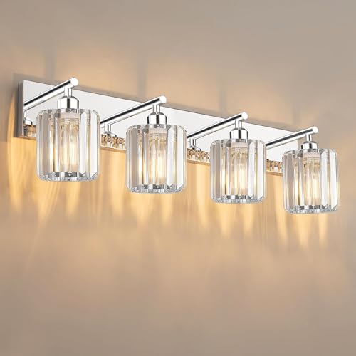 Image of Brushed Chrome Crystal Bathroom Vanity Light, 4-Light Modern Bathroom Lighting Fixtures Over Mirror,Chrome Wall Sconce Light Fixtures with Round Shade