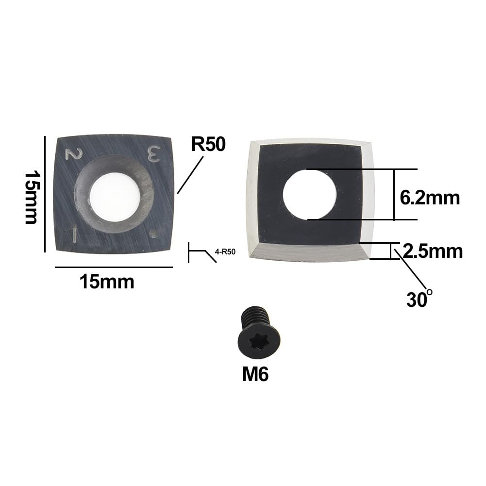 Confezione da 10 inserti quadrati in carburo da 15 mm, 15 x 15 x 2,5 mm, raggio R150, 4 lame per pialla e tornio per lavorazione del legno, per teste di taglio a spirale CNC, con viti