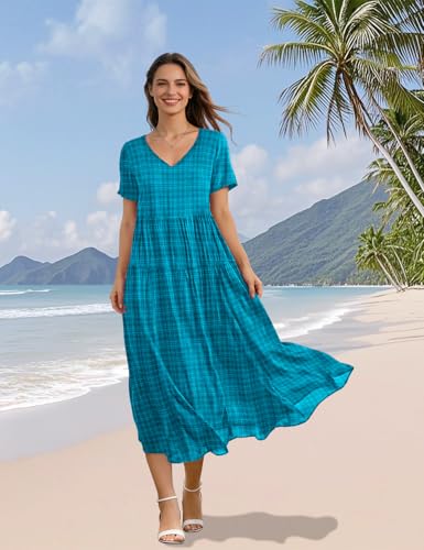 Image of YESNO Women's Summer Maxi Dresses Casual Floral Short Sleeve V Neck Boho Beach Vacation Swing Dress with Pockets EVF