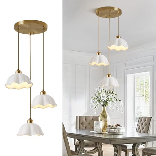 Image of 3 Light Pendant Light Minimalist Style Ceiling Hanging Lamp Retro White Wave Ceramic Lampshade Brass Finish Ceiling Light for Kitchen Island Bedroom Bedside