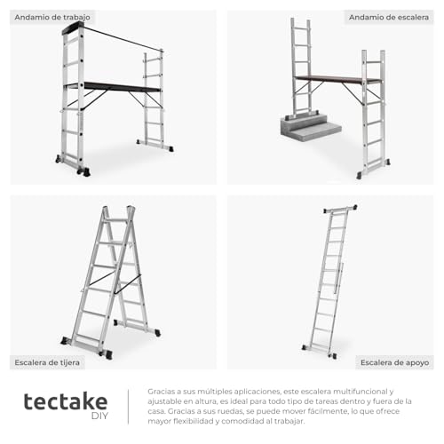 Miniatura 7 de Tectake Escalera Plegable Aluminio, Escalera Telescópica Multiusos 4 En 1: Escalera Extensible, Escalera De Tijera, Andamio Simple, Andamio Para Desniveles, Con Ruedas, Estable, Carga Max. 150 Kg