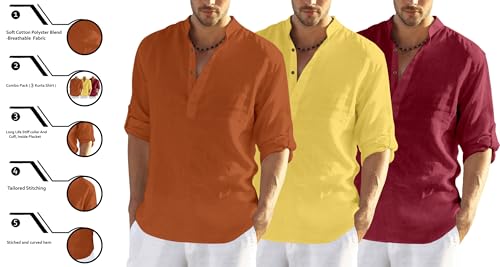 Image of Zombom Combo of Men's Solid Cotton Polyester Blend Full Sleeve Mandarin /Chinese Collor Straight Kurta Shirt (Pack of 3)