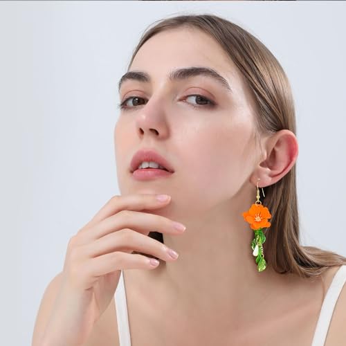 Summer Beach Flower Tassel Earrings for Women Boho Long Flower Dangle Floral Petals Drop Earring for Statement Vacation With Green Leaf4