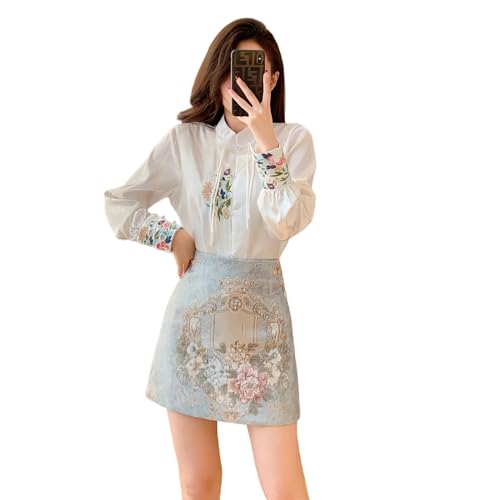 Chemise courte chinoise femme mini jupe face de cheval brodée vêtements d'été ethniques