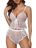 Kolagri Women Sexy Lingerie Mesh Pajamas Set Polka Dots See Through Sleepwear Sheer Cami Top and Shorts Teddy Nightwear White