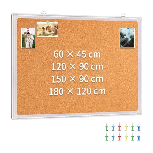 maxtek Tablero de Corcho con Marco de Aluminio 60 × 45 cm, Pizarra Corcho de Pared, Tablon de Anuncioscon 12 Chinchetas y Kit de Montaje para Oficina, Cocina y Hogar