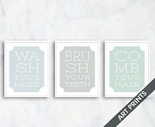 Vintage Bathroom Instructional Quotes (Wash, Brush, Comb) Set of 3-5x7 inch Unframed Art Prints (Featured in Soft Blue, Dove, Sea foam) Kitchen Art- Larger sizes available by choosing drop down menu