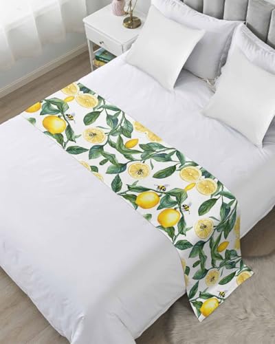 Summer Lemon Bed Runner for Twin Size, Watercolor Fruits Green Botanical Bedspread Protector Slipcover Bed Scarf for Foot Runners & Scarves for Bedroom Hotel Wedding Room 71x20 Inches