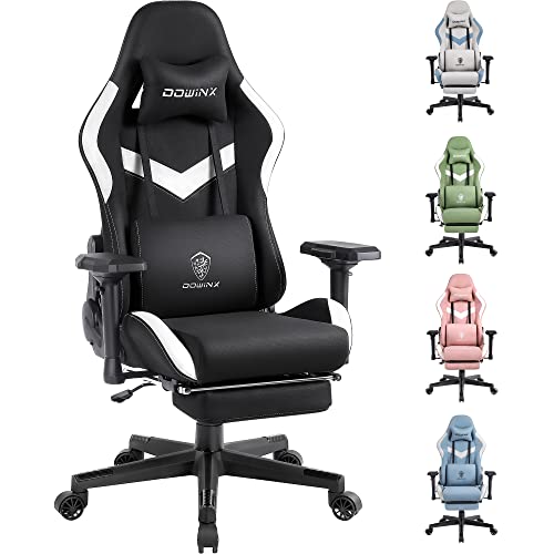 Dowinx Bürostuhl Gaming Stuhl Stoff, Ergonomischer Gaming-Stuhl, Massage Gaming Sessel mit Fußstütze, Kopfstütze, Massage-Lendenkissen, Gaming-Stuhl, Drehstuhl (Schwarzweiß)