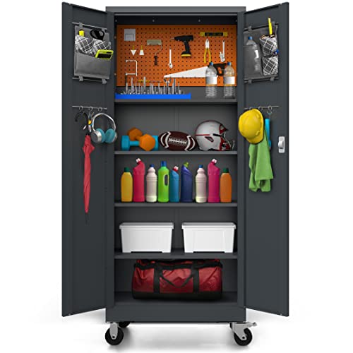 Metaltiger Metal Storage Cabinet With Wheels -Multifunctional Garage Storage Closet With Locking Doors, Adjustable Shelf Height, Additional Leg Levelers, Pegboard And Accessories (Dark Gray) #TOP21