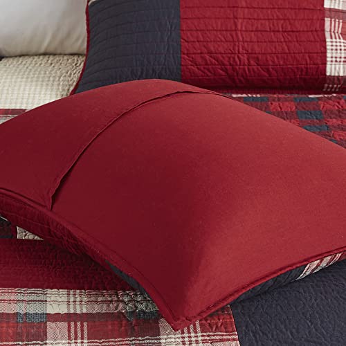 Woolrich Sunset Reversible Quilt Set - Cottage Styling Reversed to Solid Color, All Season Lightweight Coverlet, Cozy Bedding Layer, Matching Shams, Oversized King/Cal King, Plaid Red 3 Piece