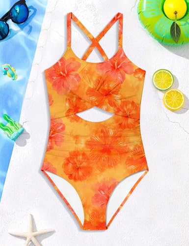 Image of Girl Swimsuit One Piece Cutout Ruched Bathing Suit for Girls Color Block Adjustable Straps Pad Swimwear 9-18y