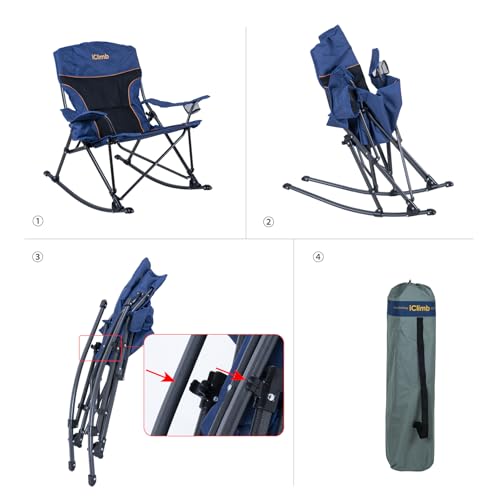 iClimb Padded Folding Rocking Chair Heavy Duty Camping Patio Porch Backyard Lawn Garden Balcony Rocker Indoor Outdoor with Carry Bag
