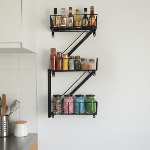 HomeZone® 3 Tier Black Ladder Style Spice Rack Organiser - Wall Mounted Kitchen Storage Shelf | Seasoning & Condiment Organiser | Metal Spice Organisers for Kitchen Walls Herbs and Spices Holder Shelf