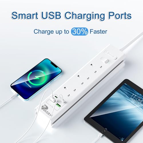 Extension Lead | Extension Lead with USB Slots | Surge Protected Extension Board with 3 AC Outlets and 4 USB ports (2 USB A - IQ 2.4A, 2 USB C - IQ 3.0A) Cable 3M Long