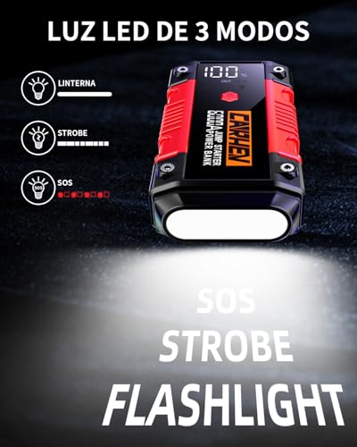Arrancador de coches 6000A CARHEV de 26800mAh y 12V con linterna LED 4