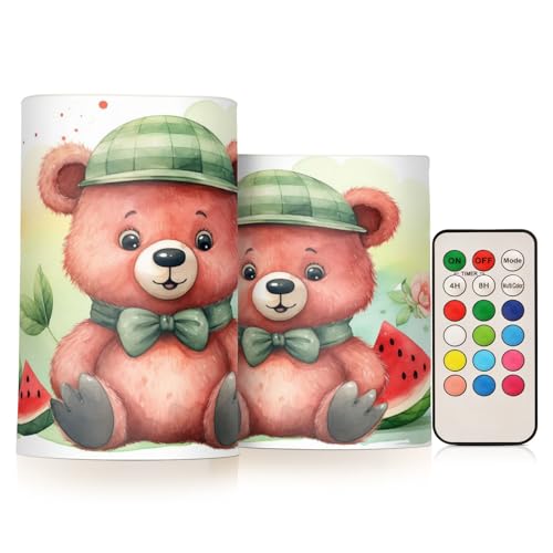 SUABO Watermelon Bear Flameless Candles, Flickering LED Candles Battery Operated Color Changing with Remote Timer for Party Wedding Decoration