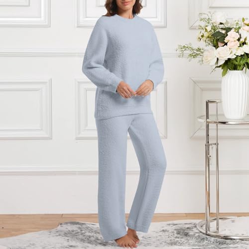 Image of BOSECETA 2 Piece Fleece Pajamas for Women Set Loungewear Outfits Knit Sweater Womens Long Sleeve Fuzzy Pajama Sets