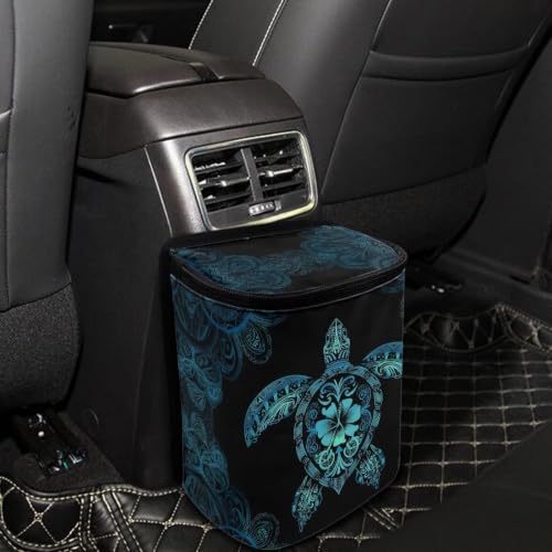 Image of Talayituse Blue Hibiscus Turtle Print Car Trash Can Portable Auto Garbage Bin Multifunctional Vehicle Interior Accessories with Adjustable Straps Universal Fit Truck SUV Sedan